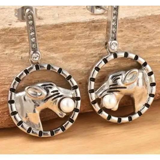 White Shell Pearl and Austrian Crystal Enameled Leopard Earrings in Stainless Steel - Pure n Tru Beauty Supply