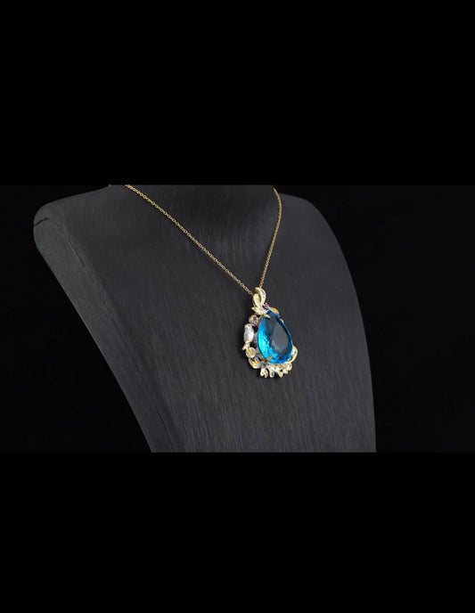 Swiss Blue Topaz Pendant Necklace - Simulated purple and green Diamond in dualtone goldtone and Stainless Steel - Pure n Tru Beauty Supply